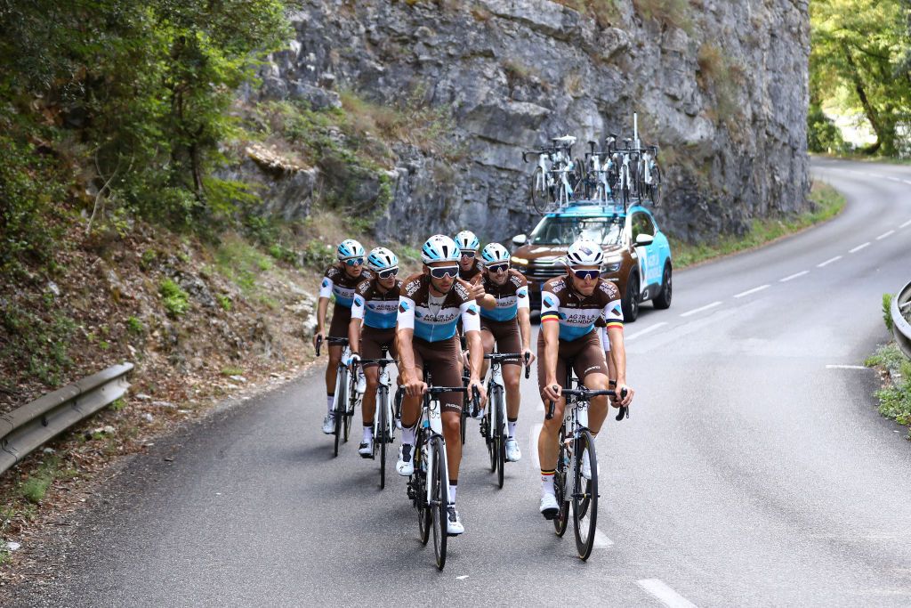 NICE FRANCE AUGUST 28 Romain Bardet of France Mickael Cherel of France Benoit Cosnefroy of France Pierre Latour of France Oliver Naesen of Belgium Nans Peters of France Clement Venturini of France and Alexis Vuillermoz of France and Team Ag2R La Mondiale during the 107th Tour de France 2020 Team Ag2R La Mondiale Training TDF2020 LeTour on August 28 2020 in Nice France Photo by Michael SteeleGetty Images