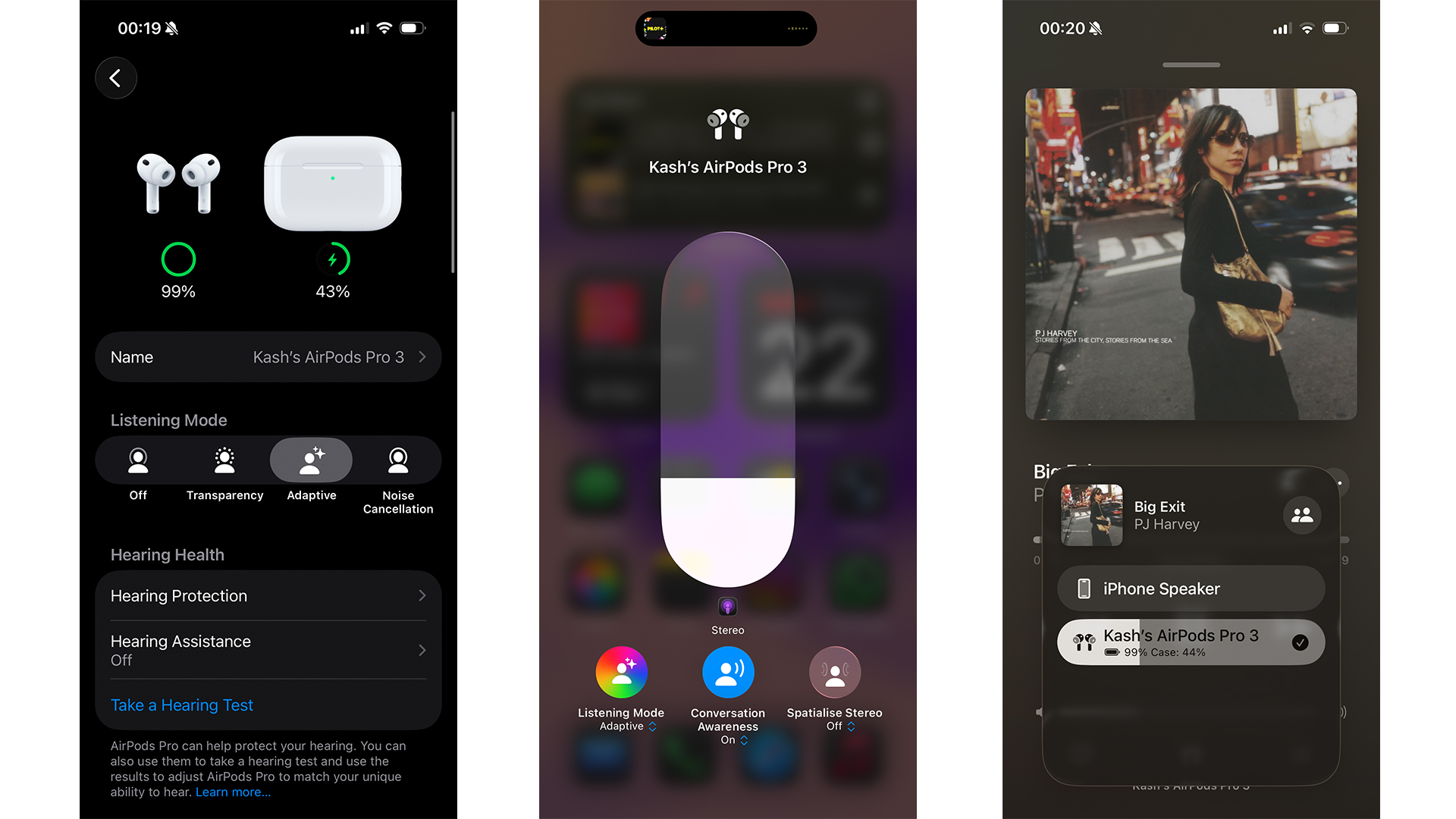 Apple AirPods Pro 3 wireless earbuds app on three smartphone screens