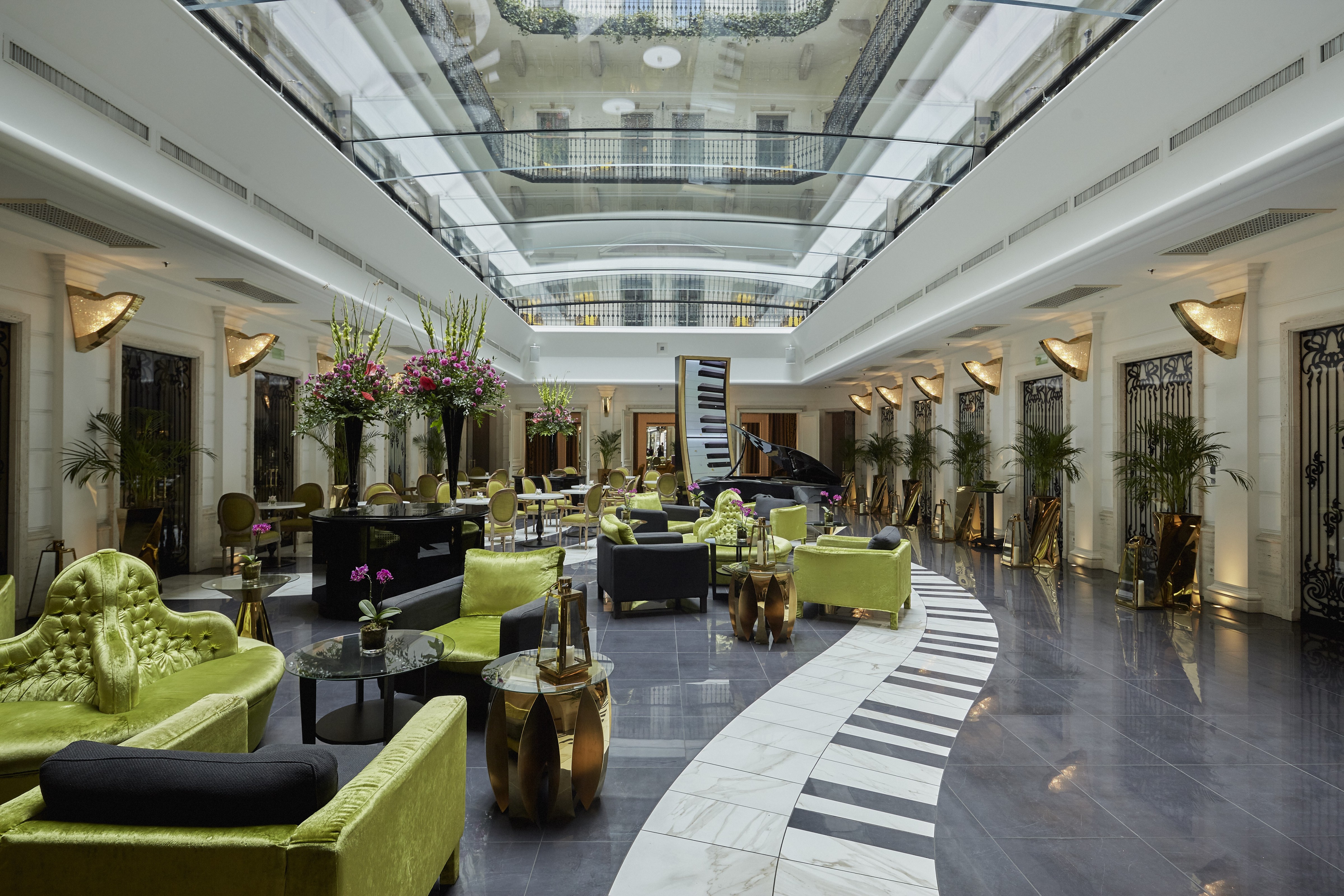 A piano motif extends through the music courtyard at Aria Hotel Budapest