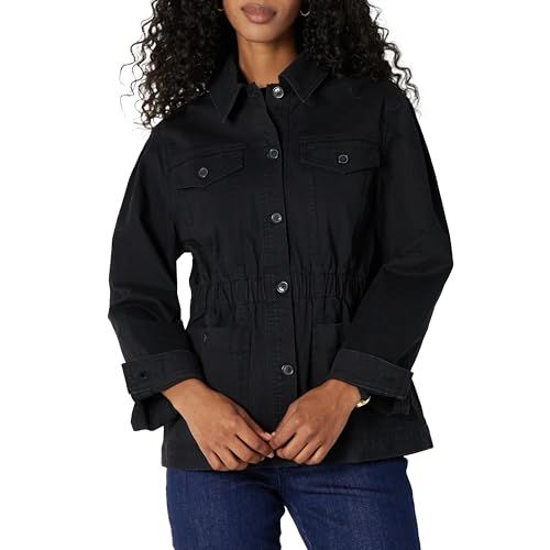 Amazon Essentials Women's Relaxed-Fit Dropped Shoulder Midweight Cotton Twill Jacket, Black, Large