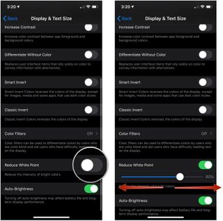 Reduce White Point, showing how to tap the switch next to Reduce White Point, then drag the slider left or right