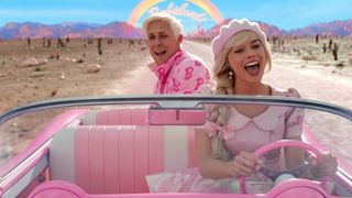 A still from the Barbie movie, in which Barbie is driving her car away from Barbieland with Ken in the back. Both are singing.
