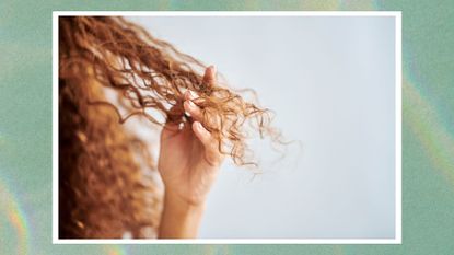 A green frame with an image of curly hair and a woman's hand holding curls between her fingers