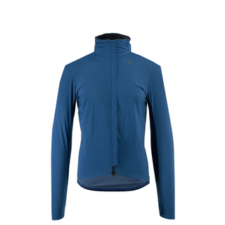 A deep blue winter cycling jacket on a white background