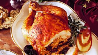 Turkey with stuffing sliced on a plate