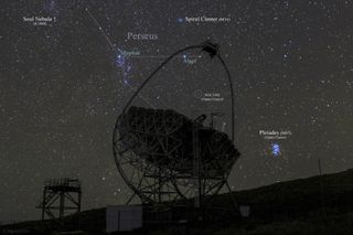 Pleiades Dazzles Over MAGIC Telescope (Annotated) by Miguel Claro