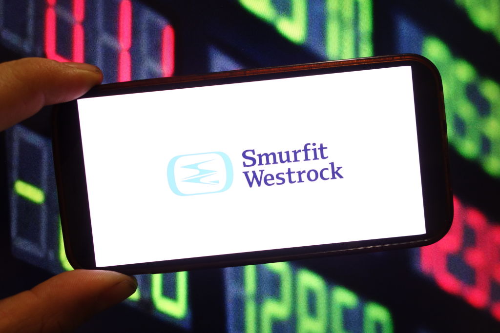 Smurfit Westrock logo displayed on a smartphone screen.