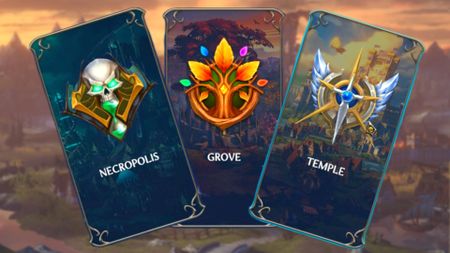 Cards for Necropolis, Grove, and Temple, three of the Heroes of Might and Magic Olden Era Factions