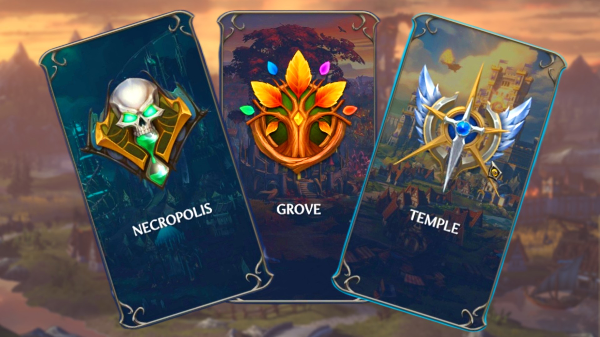 Cards for Necropolis, Grove, and Temple, three of the Heroes of Might and Magic Olden Era Factions