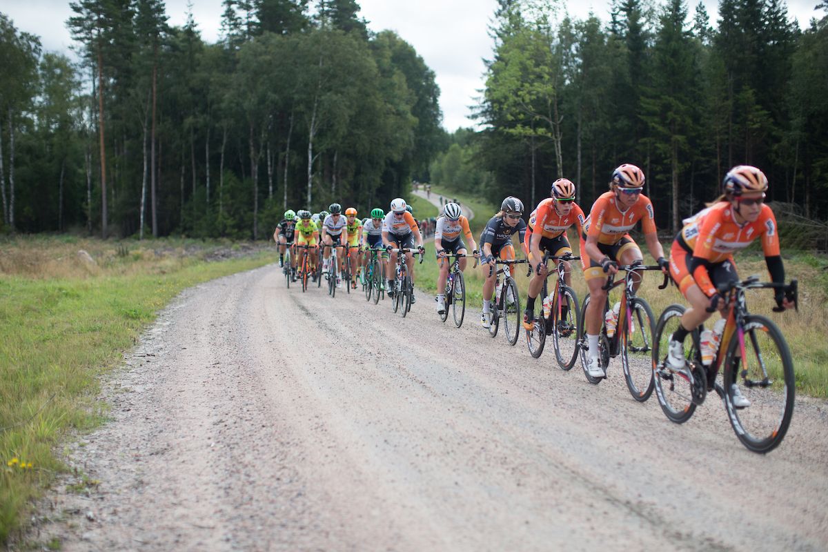 Amy Pieters (NED) of Wiggle Hi5 Cycling Team rides near the front on the third gravel section of the 141 km road race