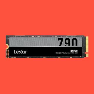 The best budget gaming SSD, the Lexar NM790 NVMe drive, on a red background