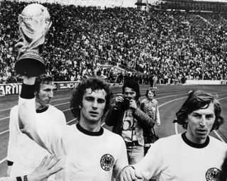 West Germany players celebrate their World Cup final win against the Netherlands in Munich in July 1974.