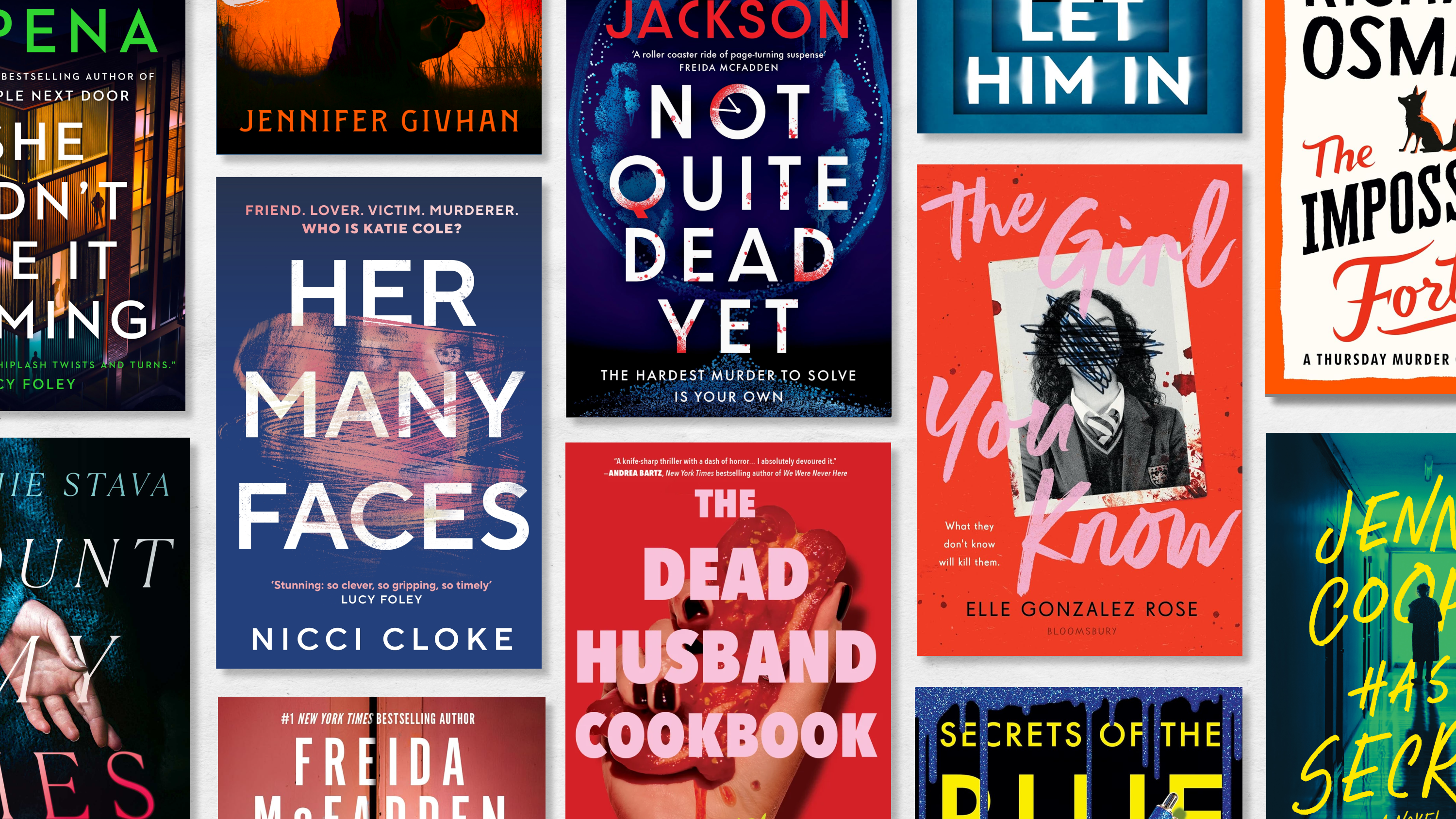 a collage of the best mystery thriller books of 2025 including the dead husband cookbook her many faces the girl you know and more