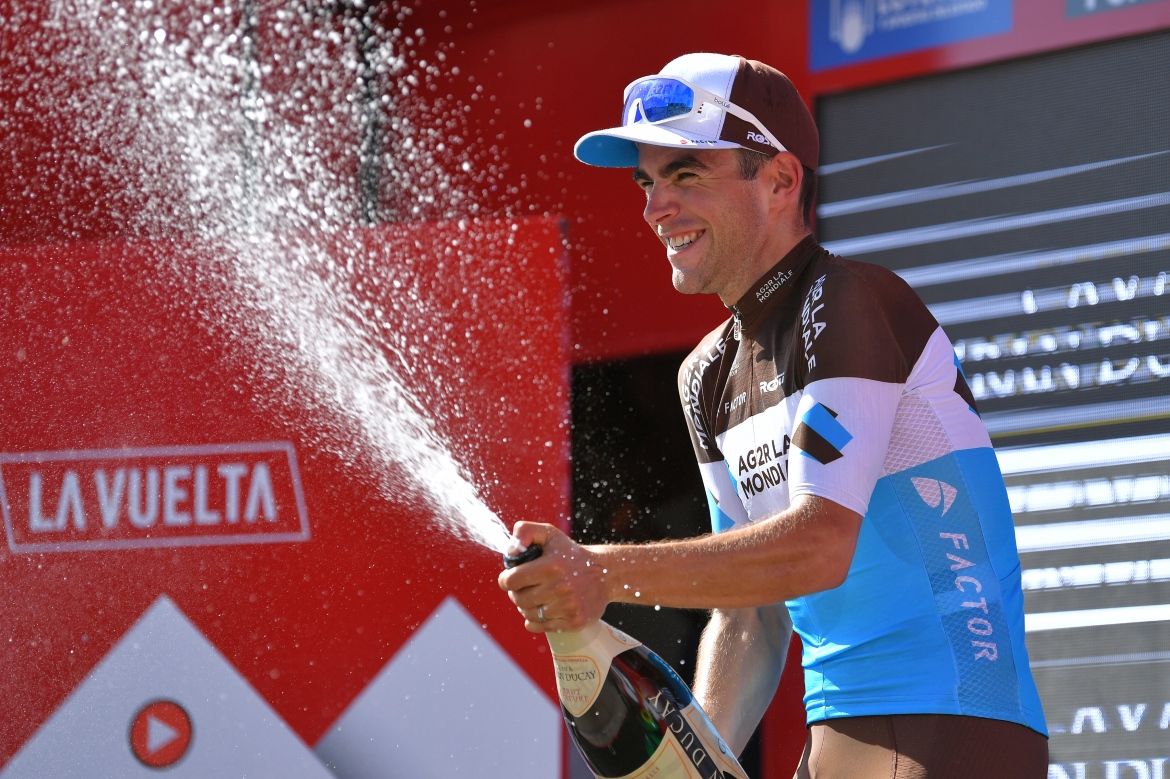 Tony Gallpon in festive mood on the Vuelta a Espana podium.