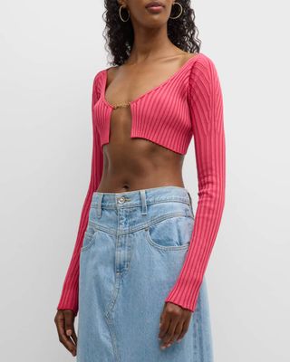 Pink Cropped Rib Cardigan