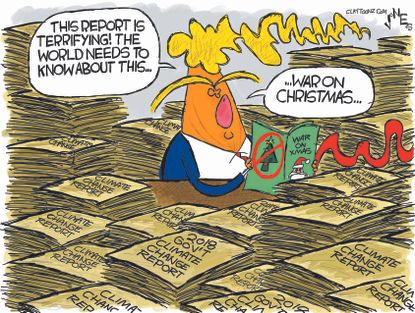 Political cartoon U.S. climate change report terrifying Trump war on Christmas