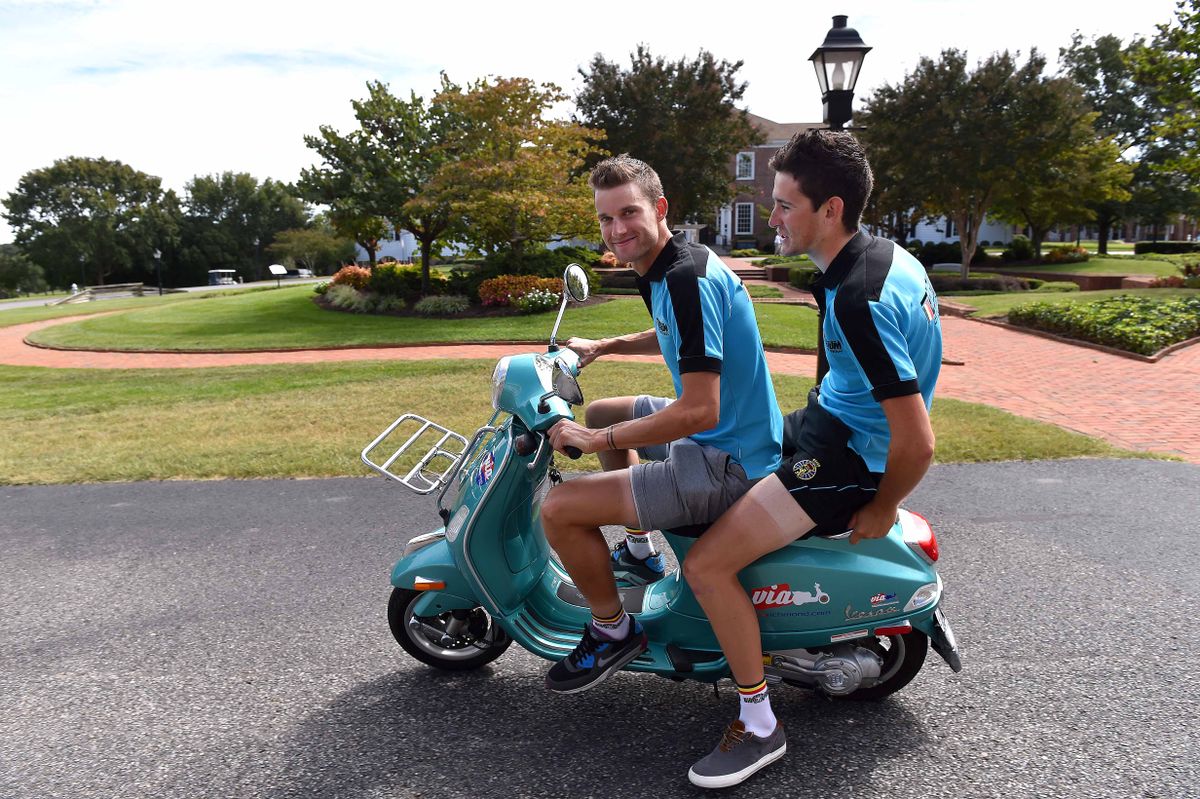 Nikolas Maes and Tiesj Benoot enjoy some fun times on a moto