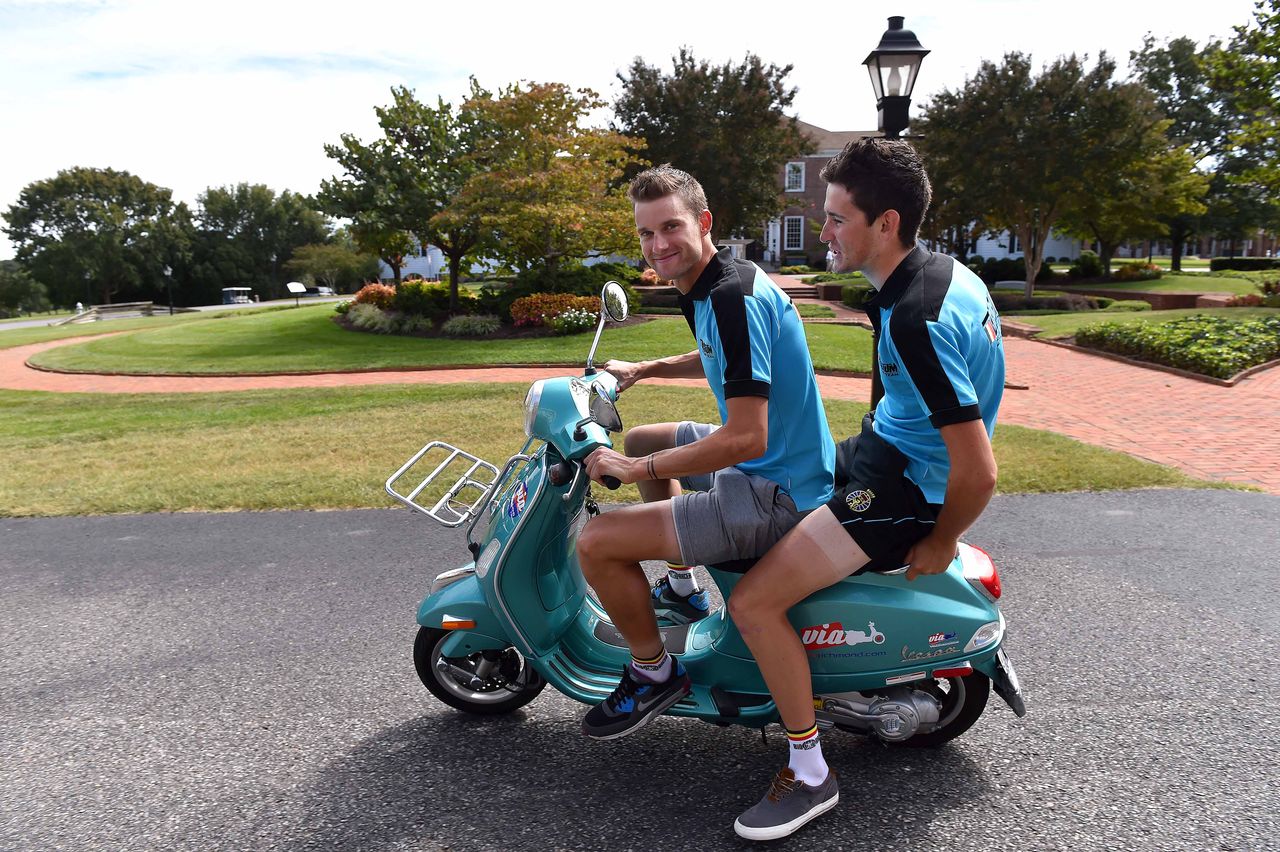 Nikolas Maes and Tiesj Benoot enjoy some fun times on a moto
