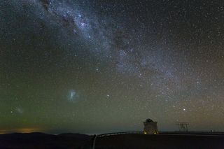 The Milky Way and its neighboring dwarf galaxies, the Large and Small Magellanic Clouds seen in the lower left.