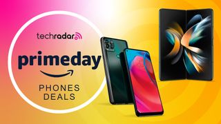 Samsung Galaxy Fold 4 and Motorola phone on yellow background with Amazon Prime Day text overlay