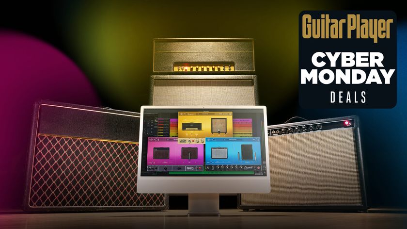 An illustration showing three amps included in UAD&#039;s Guitar Amp Bundle along with an Apple computer