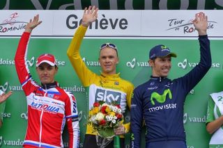 The final podium of the 2013 Tour de Romandie: Simon Spilak (Katusha), winner Chris Froome (Sky) and Rui Costa (Movistar).