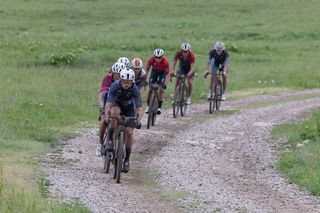 A terribly muddy section from mile 11 to 14 shattered bikes, spirits, and the field. A lead group of 7 men had significant gap at mile 22.