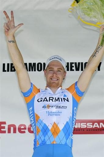 Tyler Farrar (Garmin-Slipstream) on the podium after winning the fourth stage of the Eneco Tour