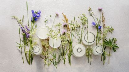 Milk in glasses and bottles decorated with meadow flowers
