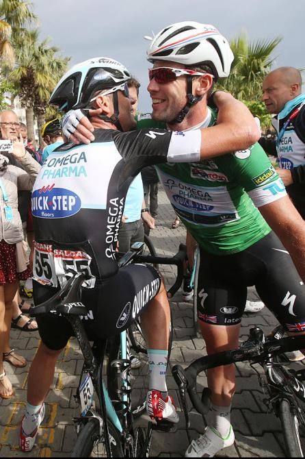 Mark Cavendish is congratulated after his stage win