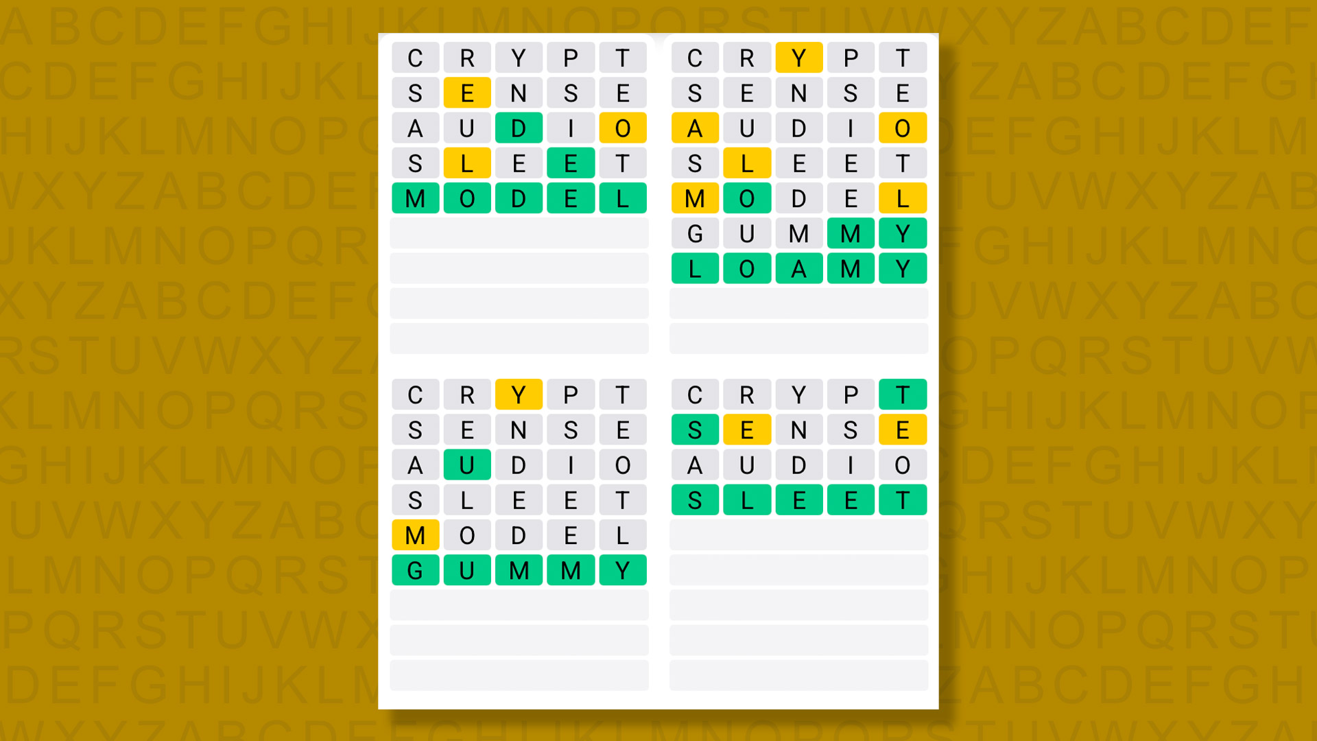 Quordle answers for game 1487 on a yellow background