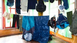 how to store camping gear: kit hanging out to dry