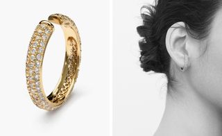 Embodied in this single diamond encrusted 18-ct gold hoop earring