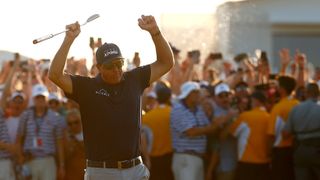 Phil Mickelson of the United States celebrates after winning during the final round of the 2021 PGA Championship held at the Ocean Course of Kiawah Island Golf Resort