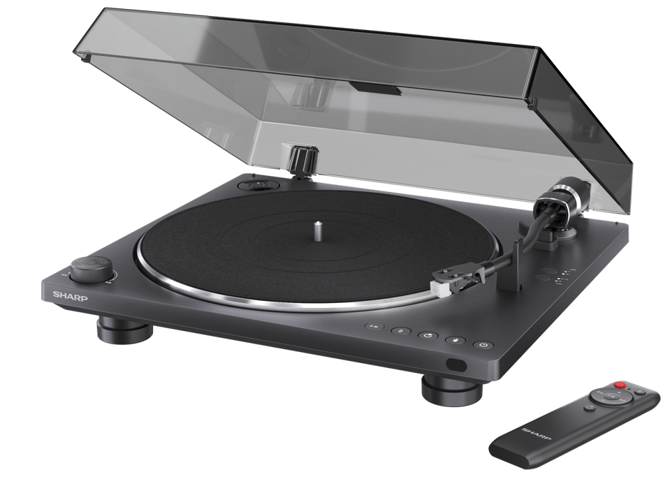 Sharp RP-TT100 turntable on a white background with a remote control