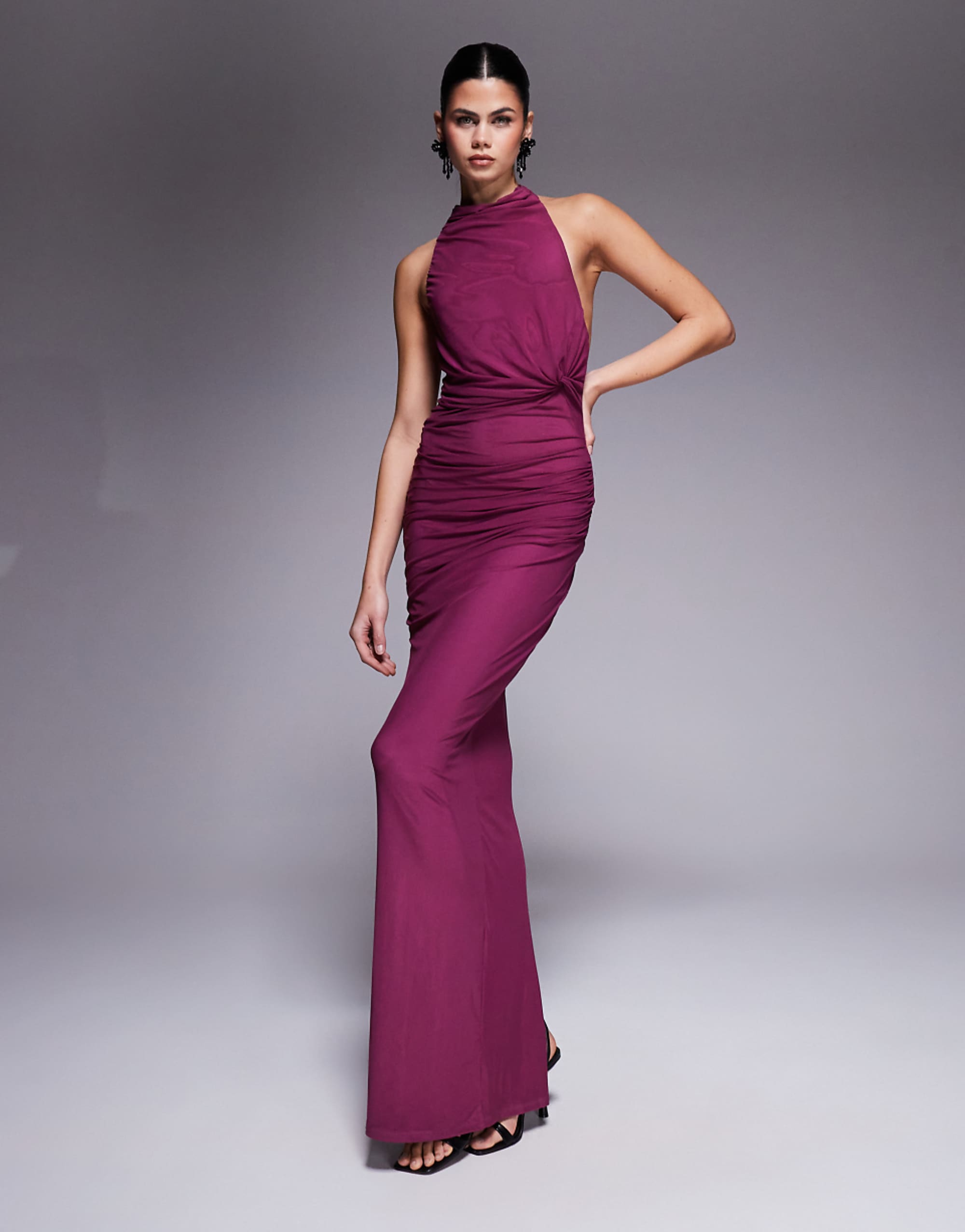 Asos Design Twisted Bust Detail Mesh Maxi Dress With Tie Back Halter Neck in Plum