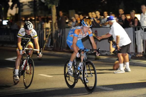 The breakaway of Cameron Meyer (Garmin-Transitions) and Daniel Braunstein (Budget Forklifts) on the bell lap.