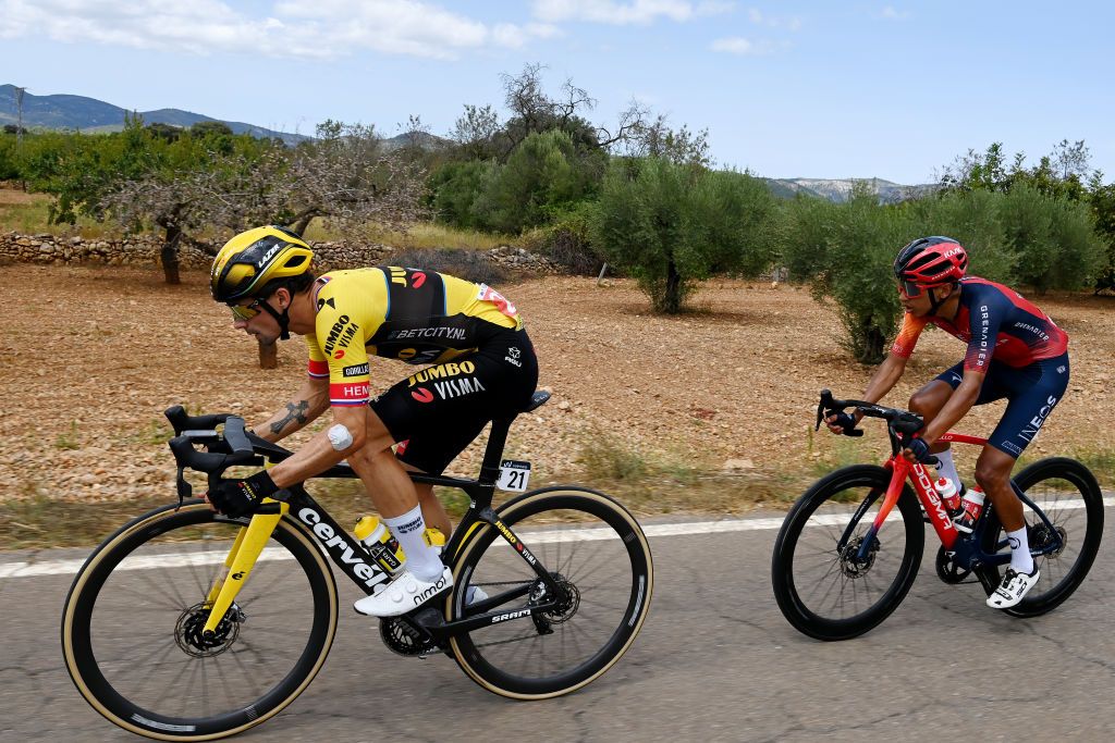 BURRIANA SPAIN AUGUST 30 LR Primoz Roglic of Slovenia and Team JumboVisma and Egan Bernal of Colombia and Team INEOS Grenadiers compete during the 78th Tour of Spain 2023 Stage 5 a 1846km stage from Burriana to Burriana UCIWT on August 30 2023 in Morella Spain Photo by Tim de WaeleGetty Images
