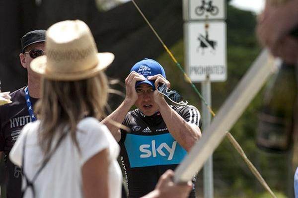 Stage runner-up, Simon Gerrans (Team Sky), makes sure the sponsor's cap is on tightly before stepping onto the podium in Portarlington.