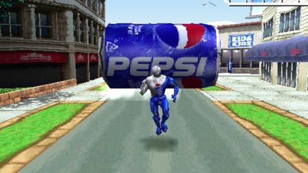 Pepsiman runs away from a Pepsi can