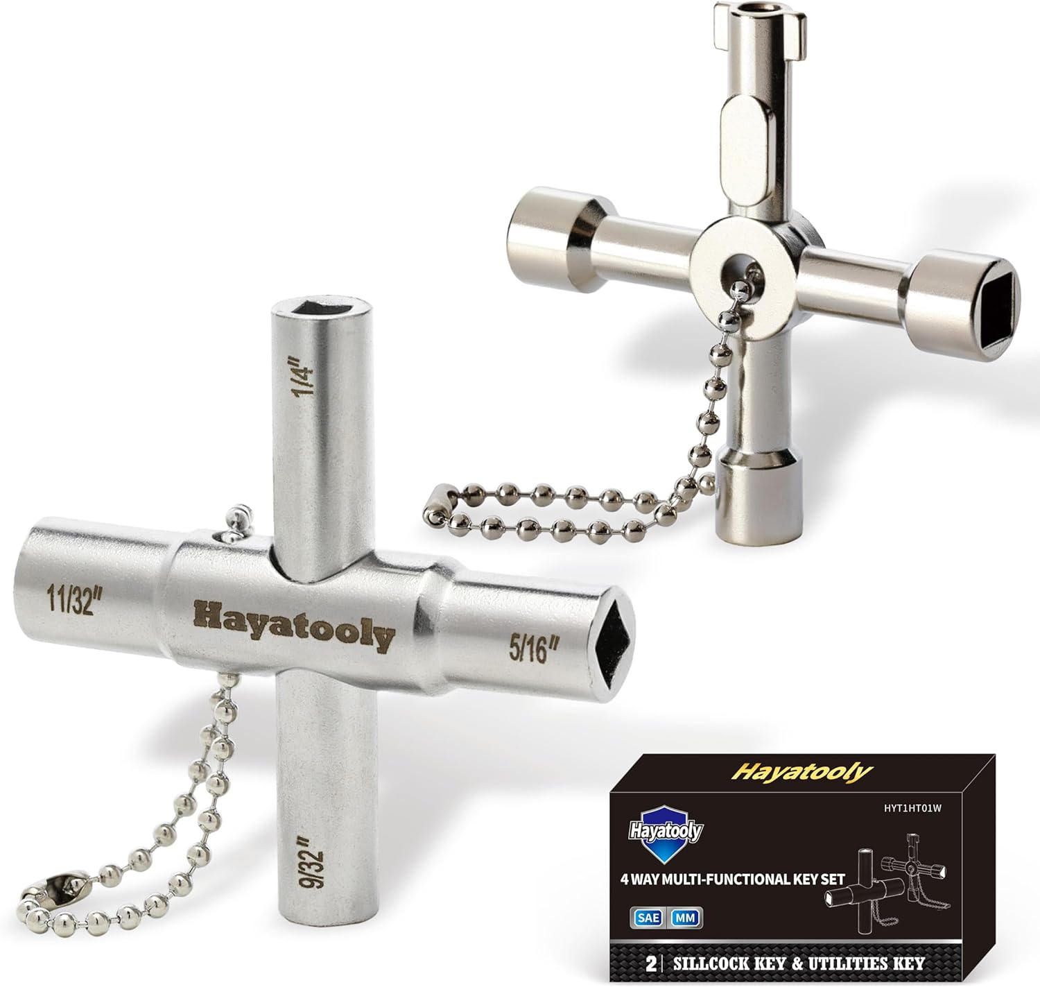 Hayatooly 4-Way Sillcock Keys, 2-Pack 40cr Water Key, Radiator Key and Utility Wrench, Shut Off Tool for 1/4", 9/32", 5/16", 11/32" Valve, Spigot &amp;amp; Electric Meter, Ideal for Home, Public &amp;amp; Commercial