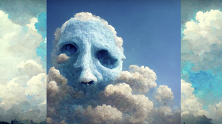 An AI-generated image of a face in the sky
