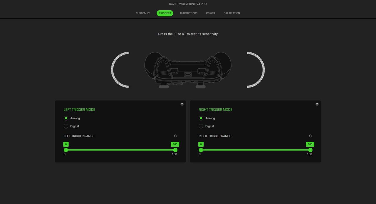 The Synapse settings of the Razer Wolverine V4 Pro gaming controller, showing trigger adjustments