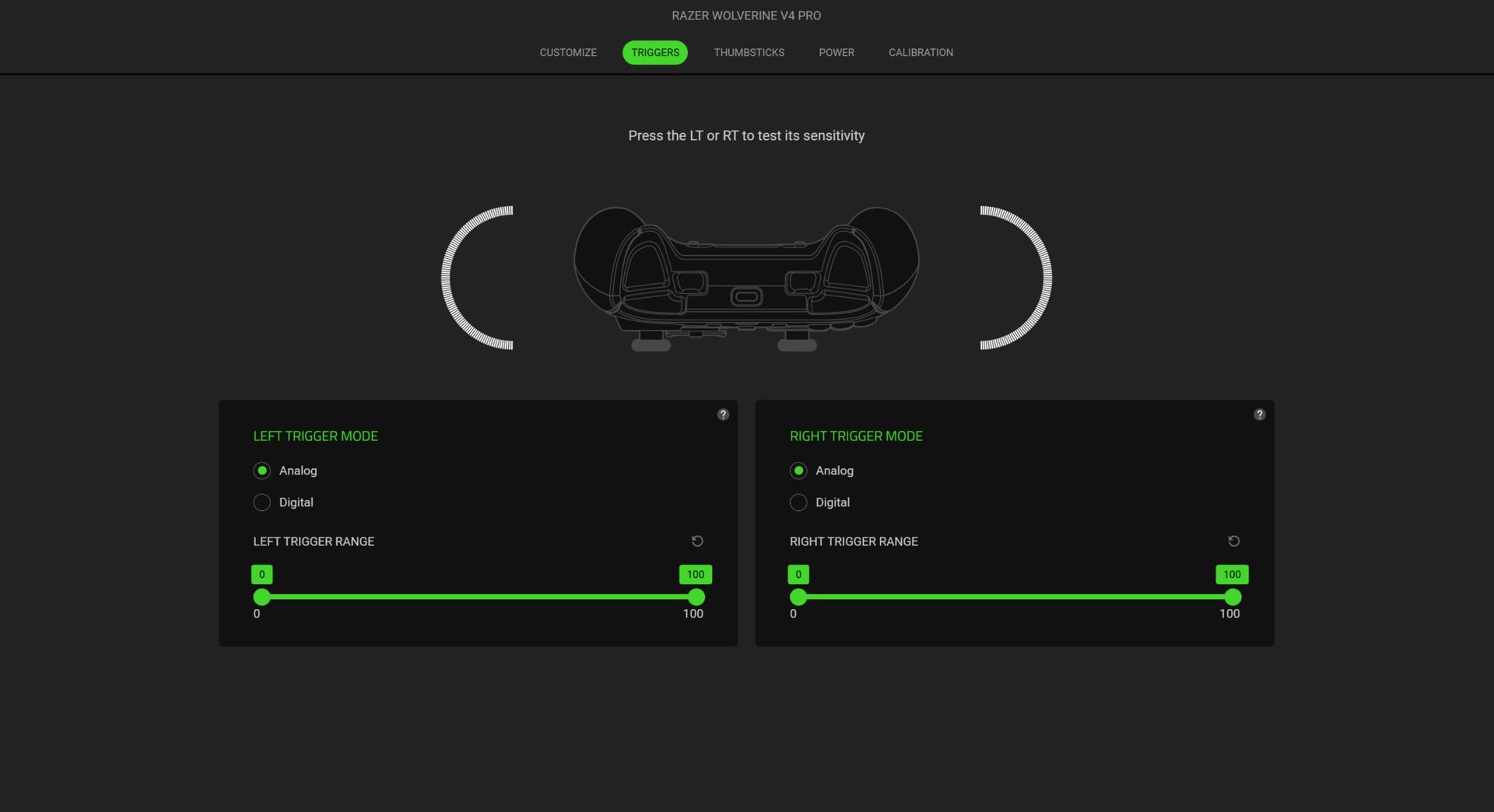 The Synapse settings of the Razer Wolverine V4 Pro gaming controller, showing trigger adjustments