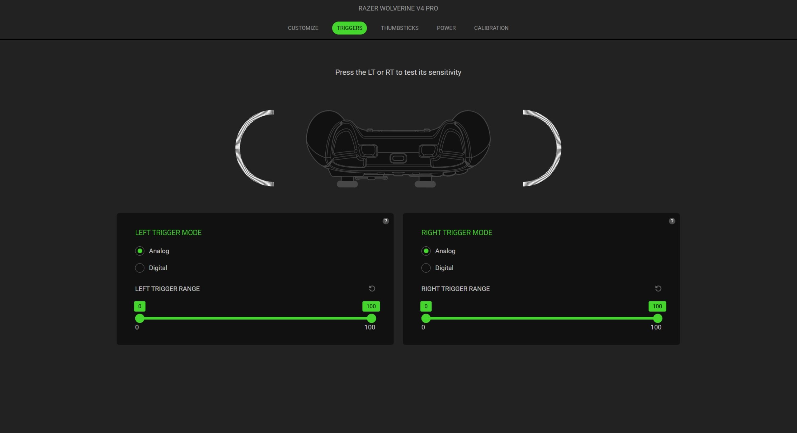 The Synapse settings of the Razer Wolverine V4 Pro gaming controller, showing trigger adjustments