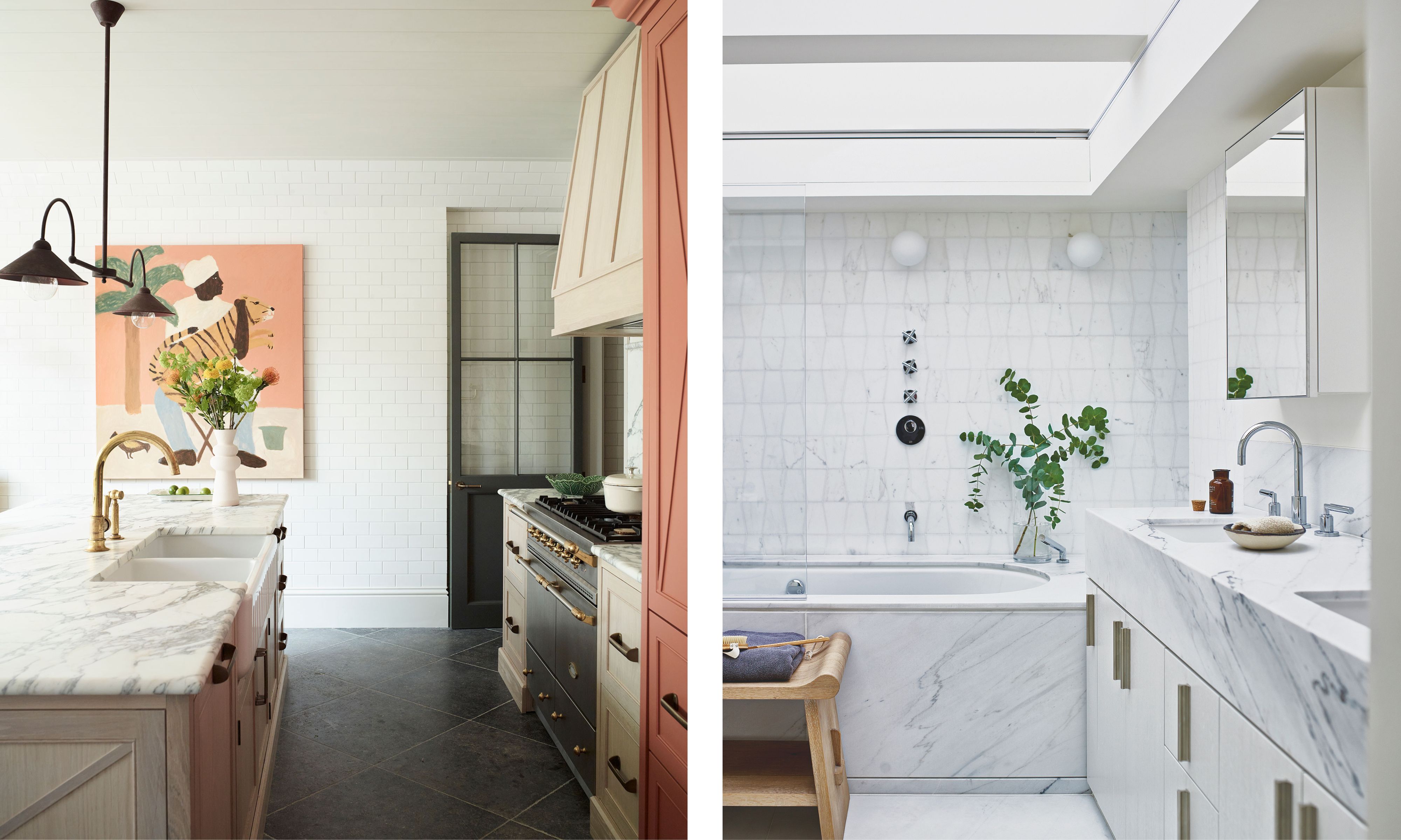 This composite image displays two bright, wellness-focused interiors: a kitchen on the left and a bathroom on the right. The kitchen features a marble-topped island with gold fixtures, a white subway tile backsplash, and a large, colorful painting of a figure with a tiger. The bathroom is a minimalist space with a skylight, marble surfaces, a built-in tub, and a dual vanity decorated with eucalyptus branches. Both rooms utilize clean lines, natural materials, and abundant light to create a serene atmosphere.