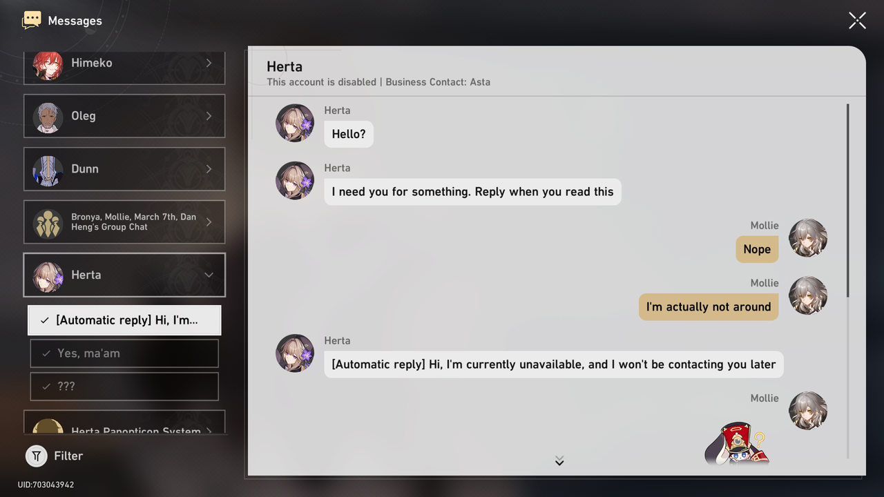 Honkai: Star Rail text messages.