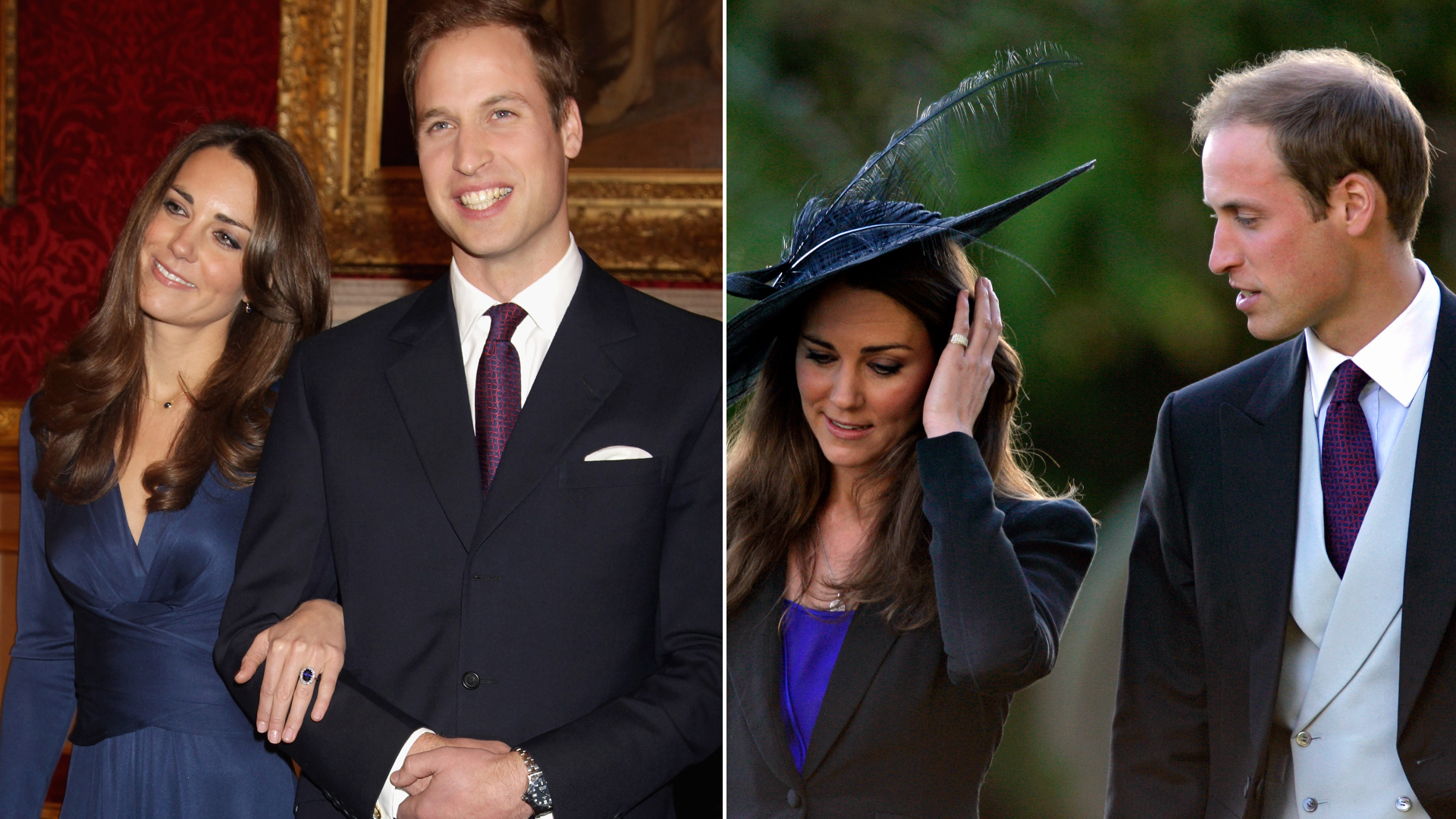 Princess Kate wears a navy blue satin dress as she announces her engagement to Prince William, who wears a suit