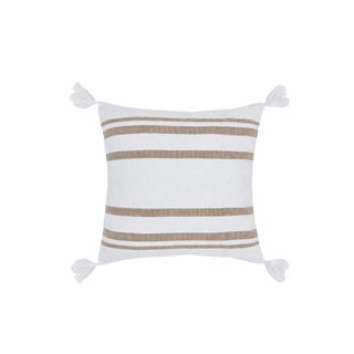 throw pillow in off white with beige stripes and tassels on corners