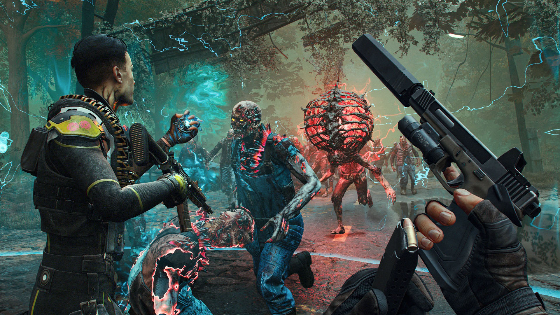 An explosive zombie runs towards the players in John Carpenter's Toxic Commando